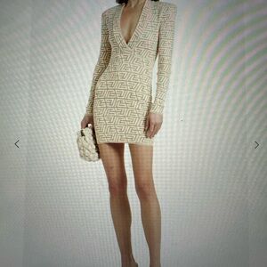 Pierre Balmain Cream and Gold Geometric Long Sleeve Dress